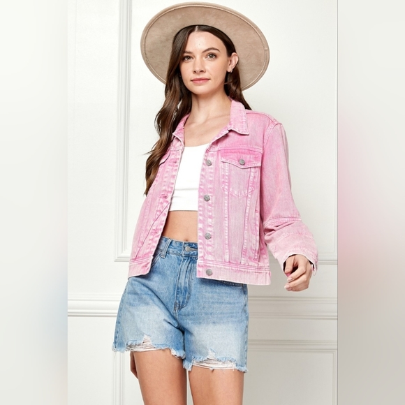 Classic Cropped Faded Pink Jean Denim Jacket Button Up Cotton Veveret - Picture 5 of 10